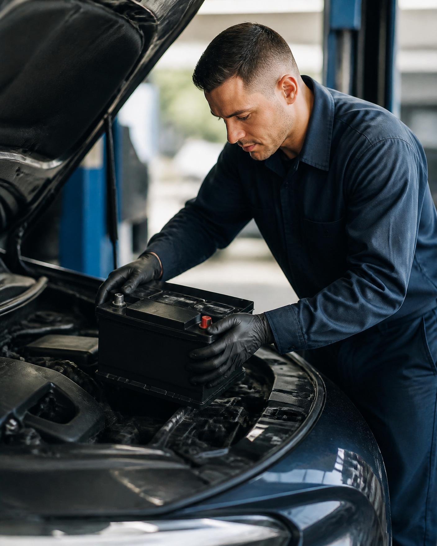 Shah Enterprises technician installing a premium car battery